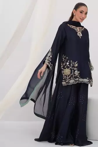 blue embroidery crepe full stitched sharara plazo
