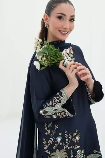 blue embroidery crepe full stitched sharara plazo