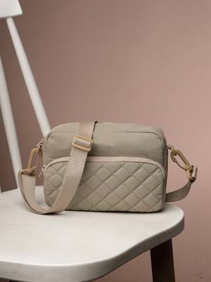   taupe polyester diamond quilted sling bag 1