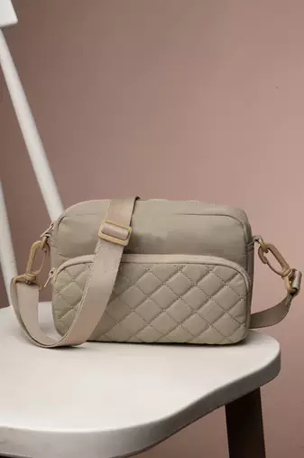   taupe polyester diamond quilted sling bag