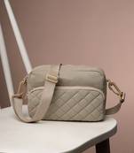   taupe polyester diamond quilted sling bag