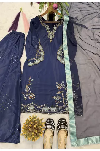 blue embroidery crepe full stitched sharara plazo