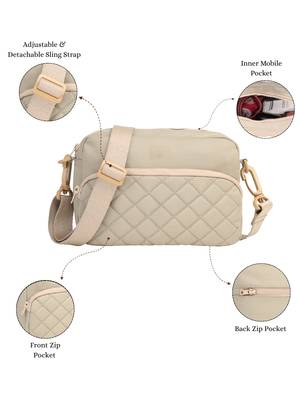   taupe polyester diamond quilted sling bag 3
