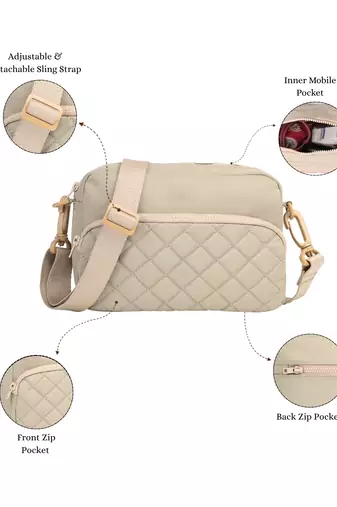   taupe polyester diamond quilted sling bag