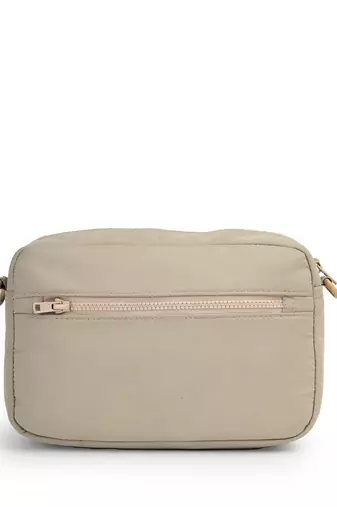   taupe polyester diamond quilted sling bag