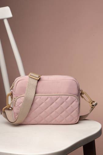   baby pink polyester diamond quilted sling bag