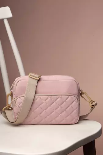  baby pink polyester diamond quilted sling bag