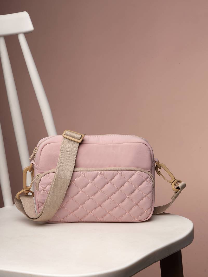   baby pink polyester diamond quilted sling bag