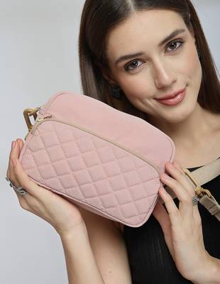   baby pink polyester diamond quilted sling bag 2