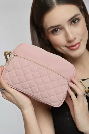   baby pink polyester diamond quilted sling bag