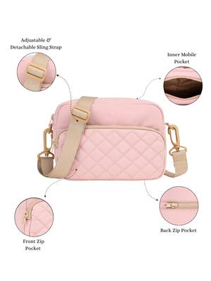   baby pink polyester diamond quilted sling bag 3