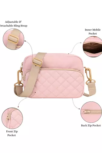   baby pink polyester diamond quilted sling bag
