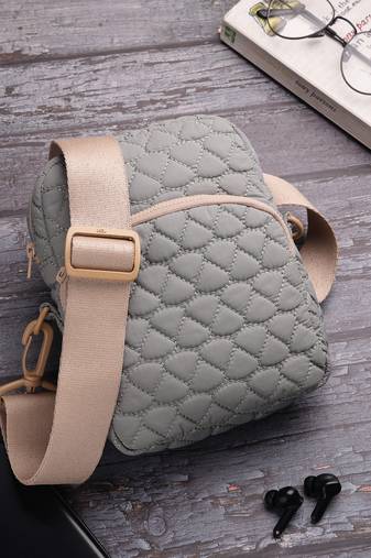   olive green polyester teardrop quilted sling bag