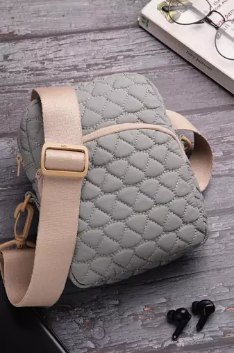   olive green polyester teardrop quilted sling bag