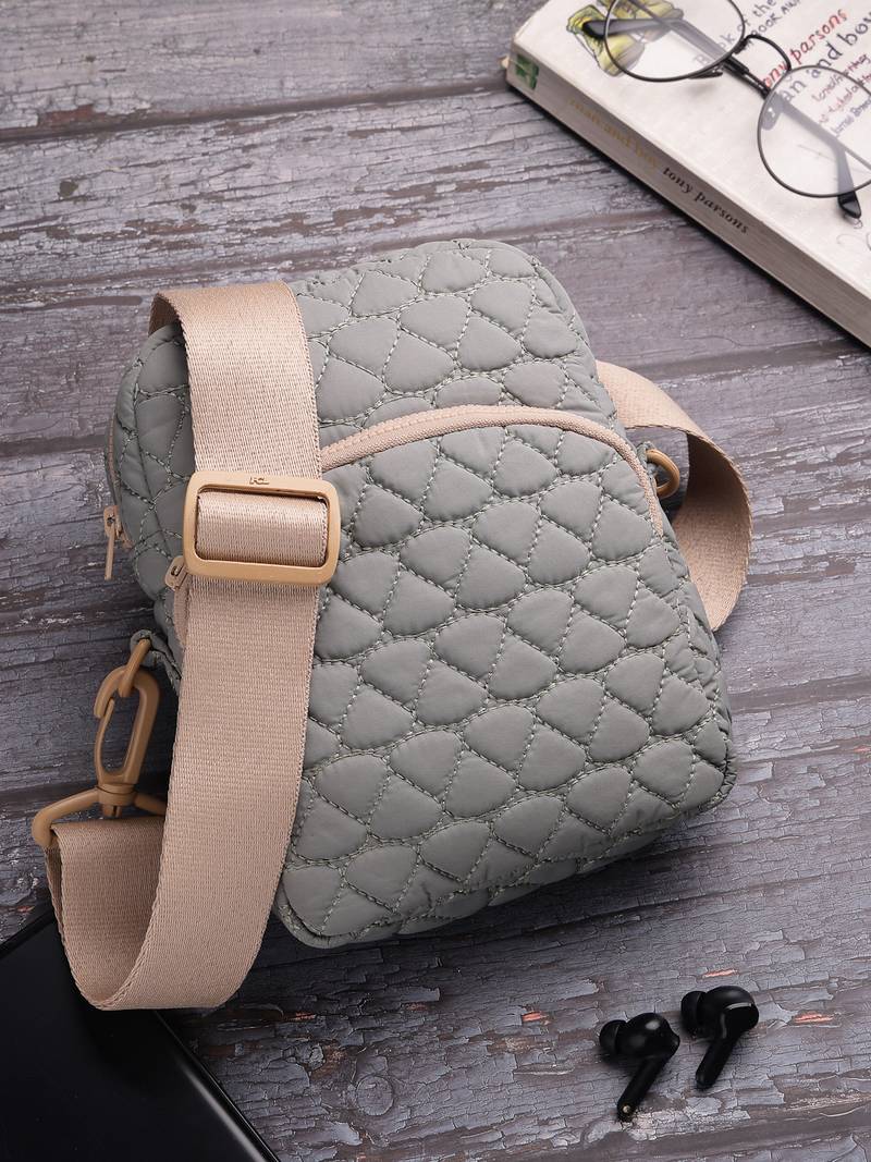   olive green polyester teardrop quilted sling bag