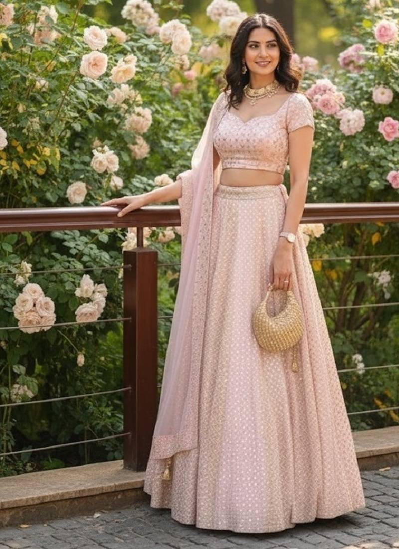 Baby Pink 9mm Sequin and Zari Embroidered Faux Georgette Indian Wedding Lehenga Choli