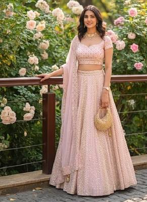 Baby Pink 9mm Sequin and Zari Embroidered Faux Georgette Indian Wedding Lehenga Choli 2