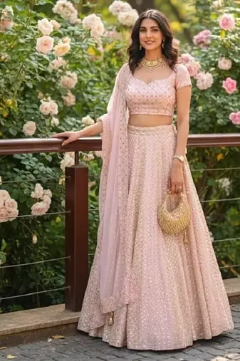Baby Pink 9mm Sequin and Zari Embroidered Faux Georgette Indian Wedding Lehenga Choli