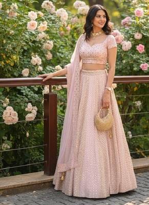 Baby Pink 9mm Sequin and Zari Embroidered Faux Georgette Indian Wedding Lehenga Choli 3