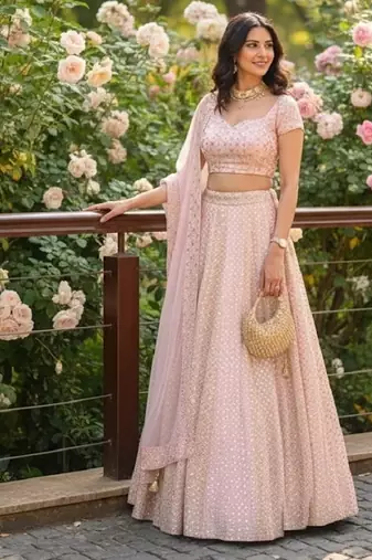 Baby Pink 9mm Sequin and Zari Embroidered Faux Georgette Indian Wedding Lehenga Choli