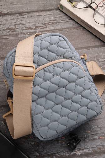   powder blue polyester teardrop quilted sling bag