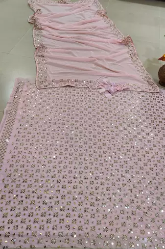 Baby Pink 9mm Sequin and Zari Embroidered Faux Georgette Indian Wedding Lehenga Choli