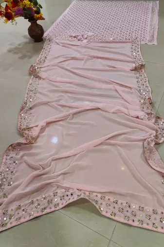 Baby Pink 9mm Sequin and Zari Embroidered Faux Georgette Indian Wedding Lehenga Choli