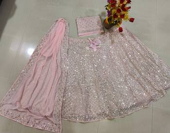 Baby Pink 9mm Sequin and Zari Embroidered Faux Georgette Indian Wedding Lehenga Choli 8