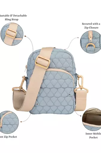  powder blue polyester teardrop quilted sling bag