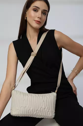   ivory white polyester geometric sling bag