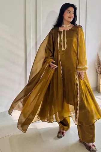 gold embroidery chiffon full stitched sharara plazo
