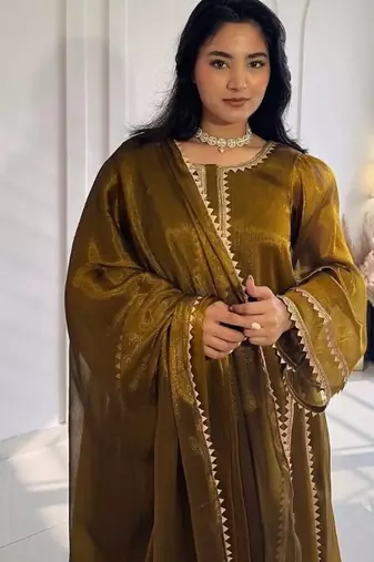 gold embroidery chiffon full stitched sharara plazo