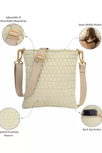   ivory white polyester teardrop quilted sling bag