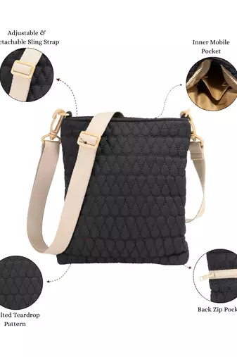   black polyester teardrop quilted sling bag