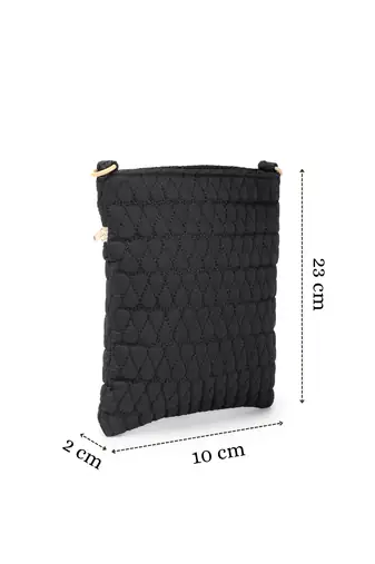   black polyester teardrop quilted sling bag