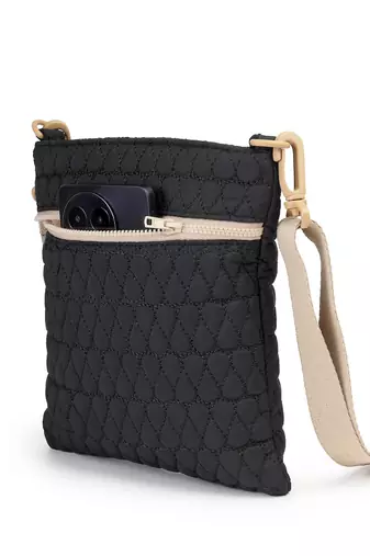   black polyester teardrop quilted sling bag
