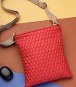   red polyester teardrop quilted sling bag