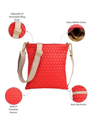   red polyester teardrop quilted sling bag 3