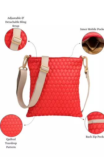   red polyester teardrop quilted sling bag