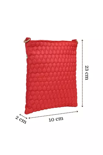   red polyester teardrop quilted sling bag