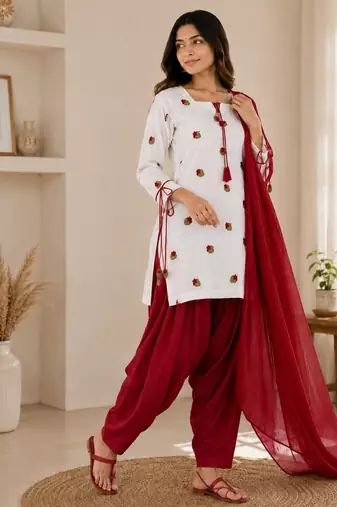 red embroidery cotton full stitched farshi salwar