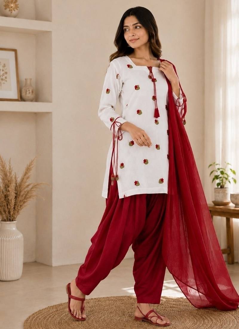 red embroidery cotton full stitched farshi salwar