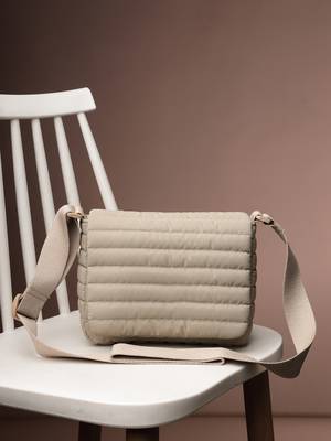   beige polyester striped quilted sling bag 1