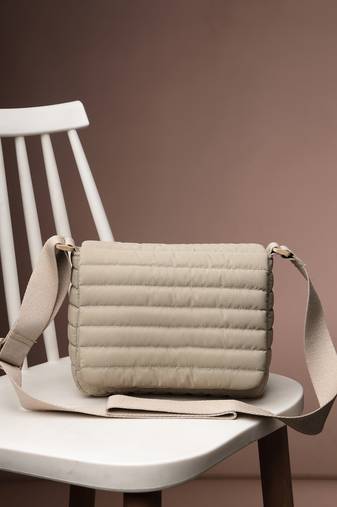   beige polyester striped quilted sling bag
