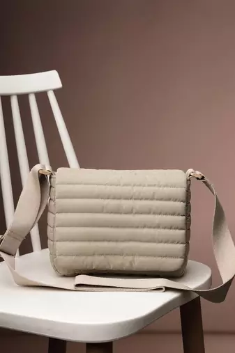   beige polyester striped quilted sling bag