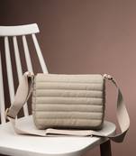   beige polyester striped quilted sling bag