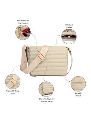   beige polyester striped quilted sling bag 3