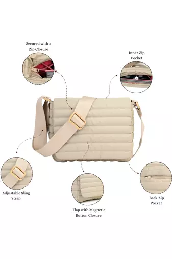   beige polyester striped quilted sling bag