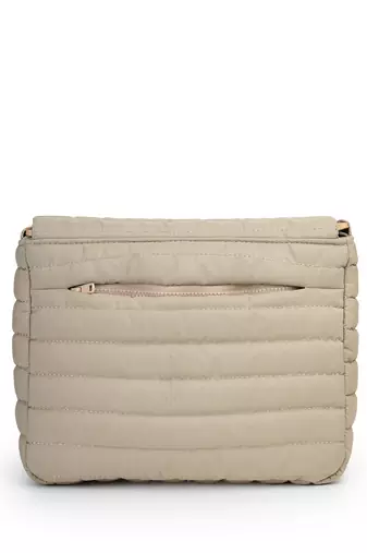   beige polyester striped quilted sling bag