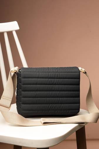   navy blue polyester striped quilted sling bag